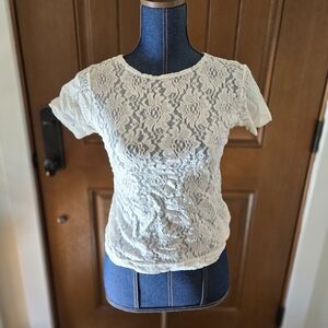 Source Unknown Floral Lace Short Sleeve Top - White